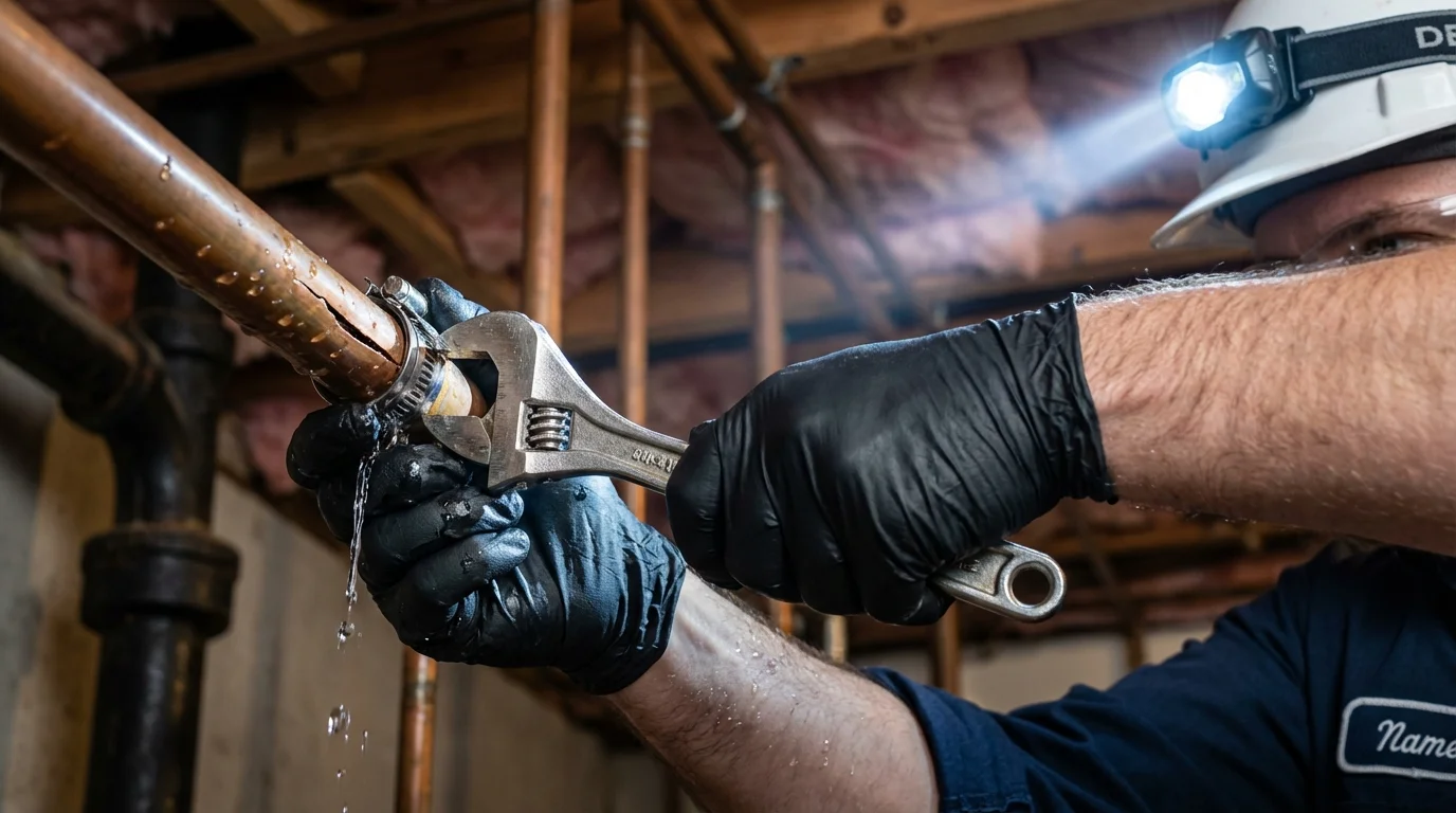 Emergency pipe clamp repair being performed by a Johns Plumbing LLC plumber in Weaver
