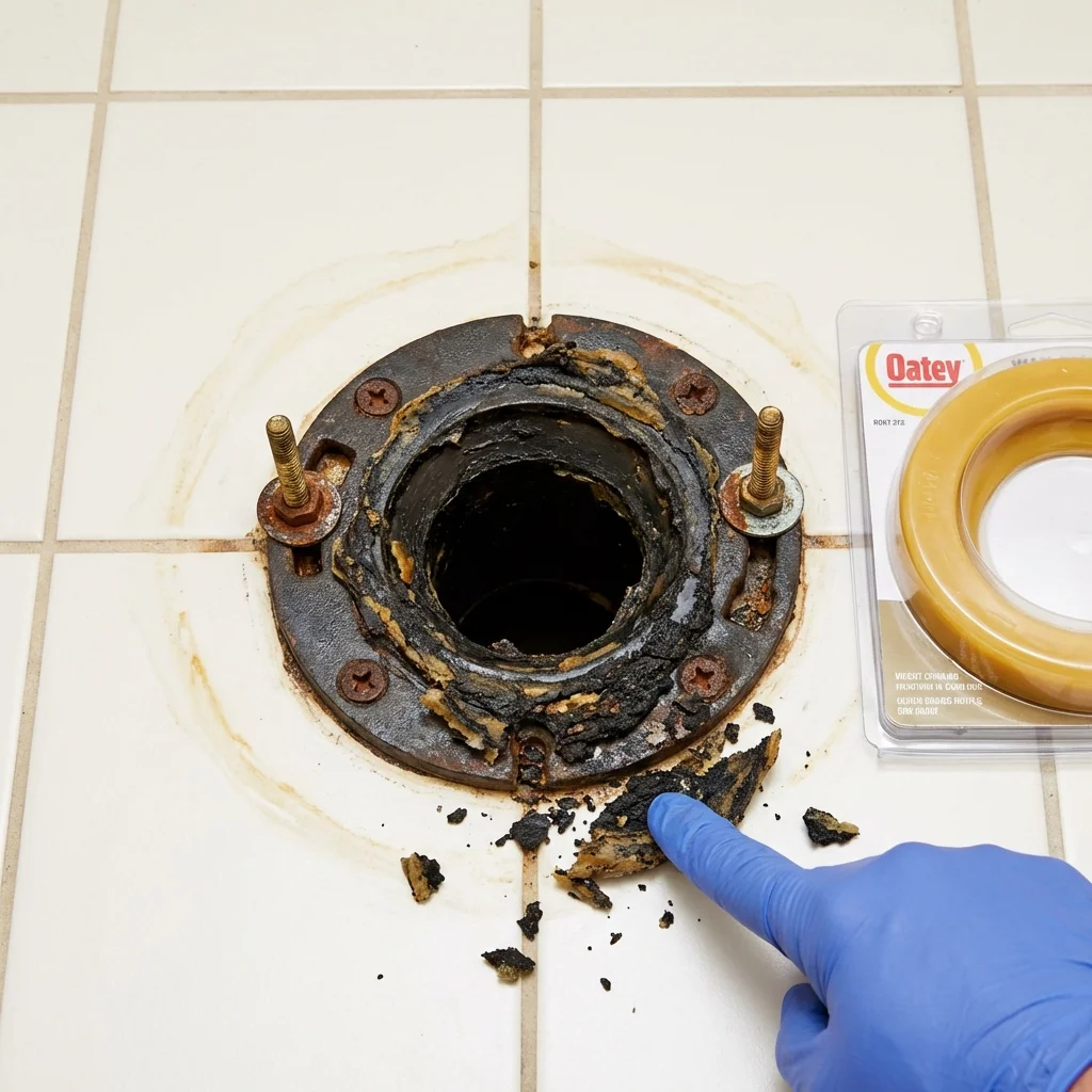 Failed wax ring showing water seepage at the base of a toilet in a Weaver, AL home