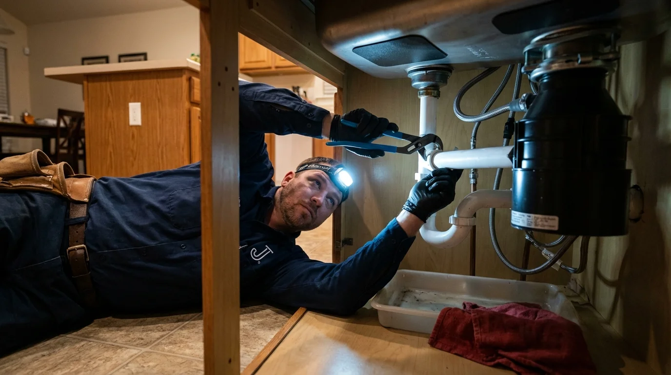 P-trap and supply line connections under a kitchen sink showing a common leak point in Weaver, AL